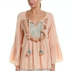 Lilly Pulitzer XXS Sandy Boho Tassels Embroidered Bell Sleeve Top‎ Blouse
